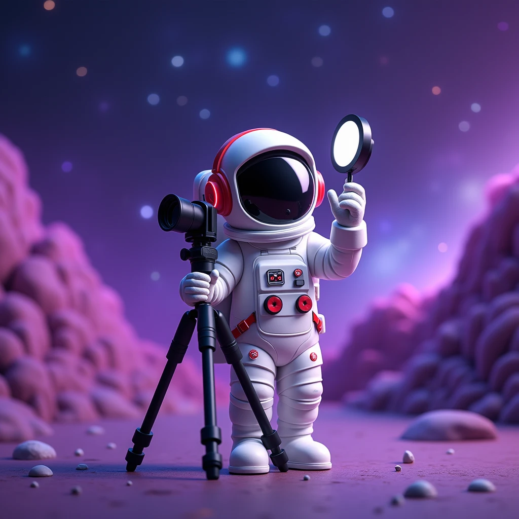 a little human astronaut avatar, of UGC creator wearing a white astronaut costume with headphones placing a tripod TO his eye level like seen his reflection in cAMERA WITH Ring light.in front of him of his height in galaxy with purple gradient background in galaxy posing like with hand