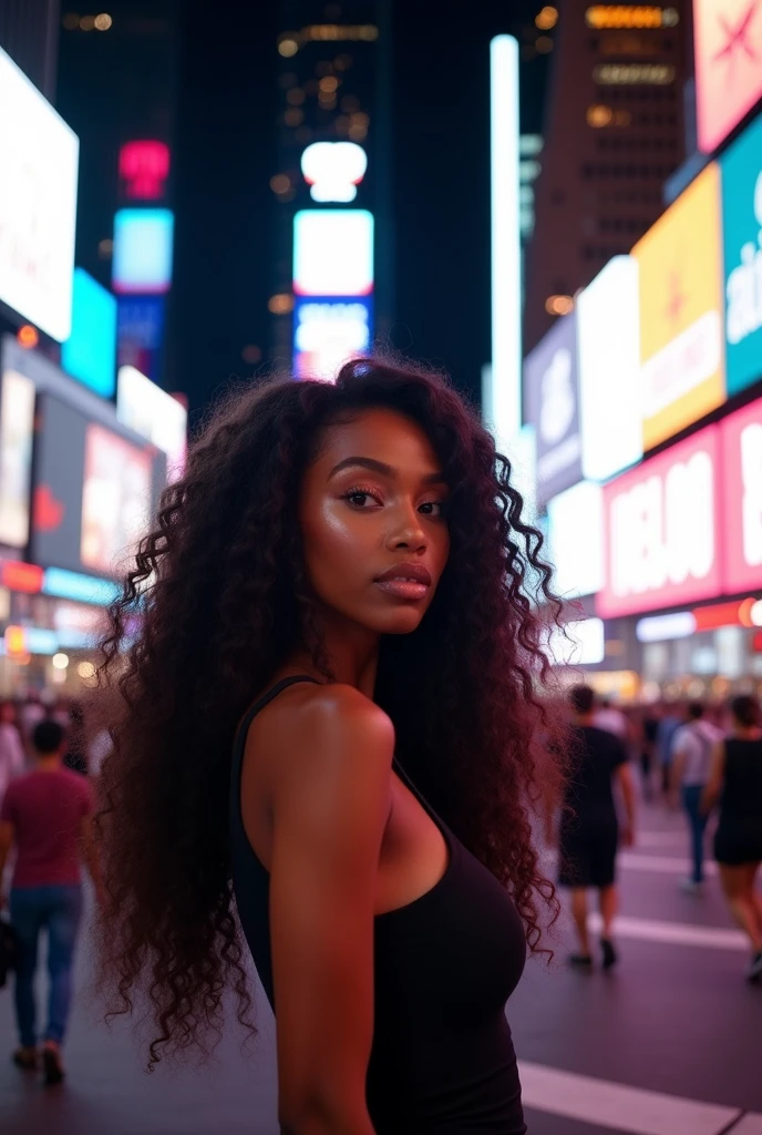 A woman in the middle of Times Square with long curly hair, with African traits