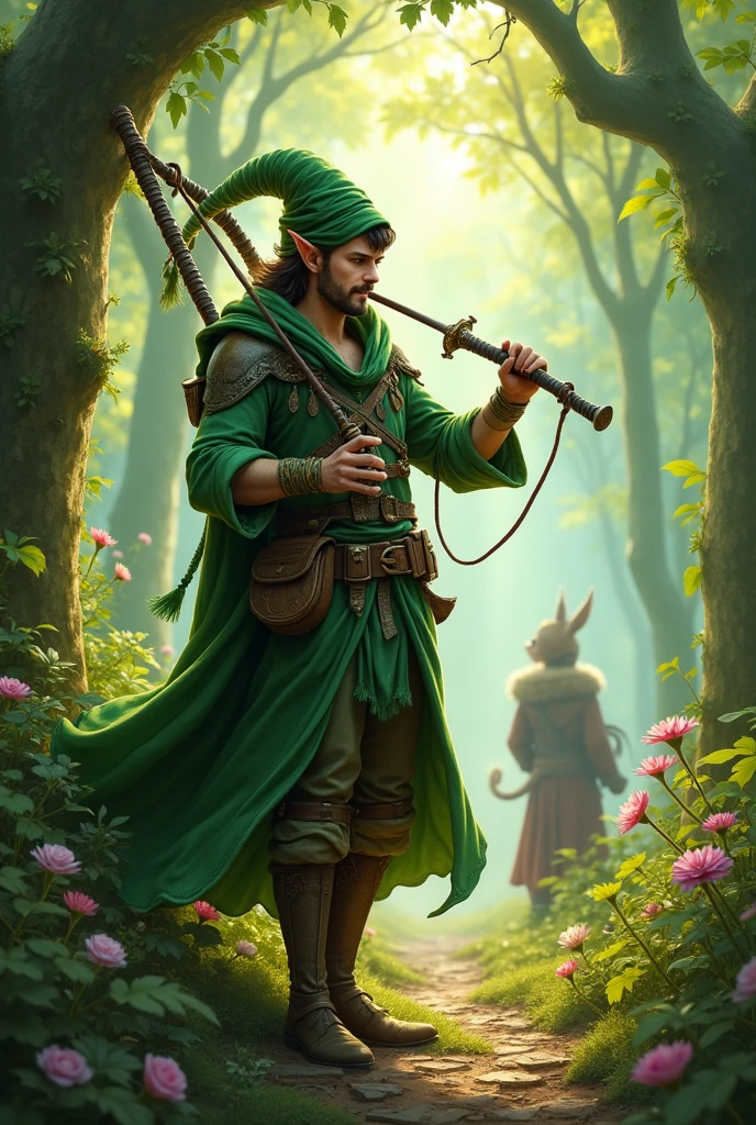 A fantasy character, rogue half elf, short, around 5 feet height, 110 pounds, playing a big green bagpipe instrument and has 2 short swords that are sheathed, male. 