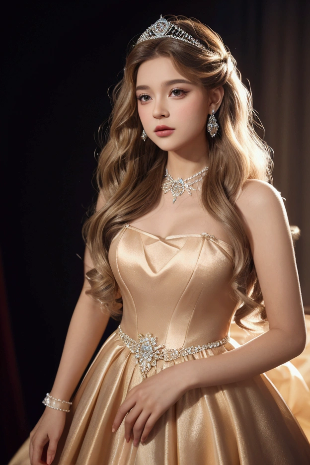 Please make me a picture of Karol G dressed as a princess, with an elegant dress and her hair a little wavy. 