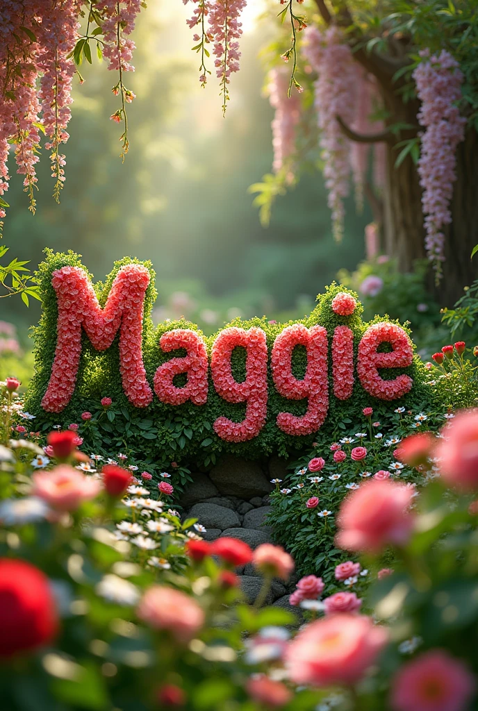 Create the name Maggie with flowers in the background