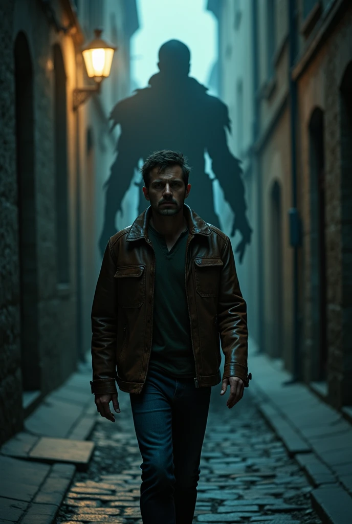 a 35-year-old man walking down a dark street, only a single light showing a giant silhouette behind him, horror book cover, dark lighting, dramatic shadows, film composition, detailed facial features, it's clear