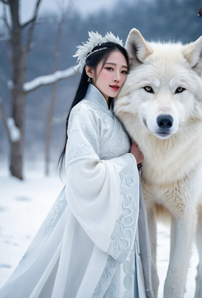 Korean woman, beautiful, pure white ancient Chinese dress  hugging a very big white wolf beside her in the snowy field, It's snowing., The orange evening sun's shadow shines in the background.