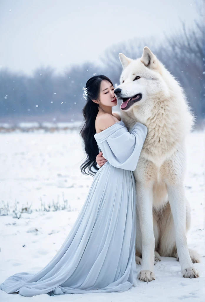 Korean woman, beautiful, pure white ancient Chinese dress ￼ hugging a very big white wolf beside her in the snowy field, It&#39;s snowing., The orange evening sun&#39;s shadow shines in the background.