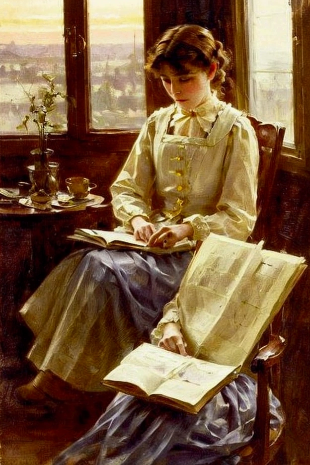 one young crying woman wearing 1900's clothes, sit on an arm chair, sunset though the window, John Singer Sargent style, beautiful, painting, detailed with a letter in his right hand
