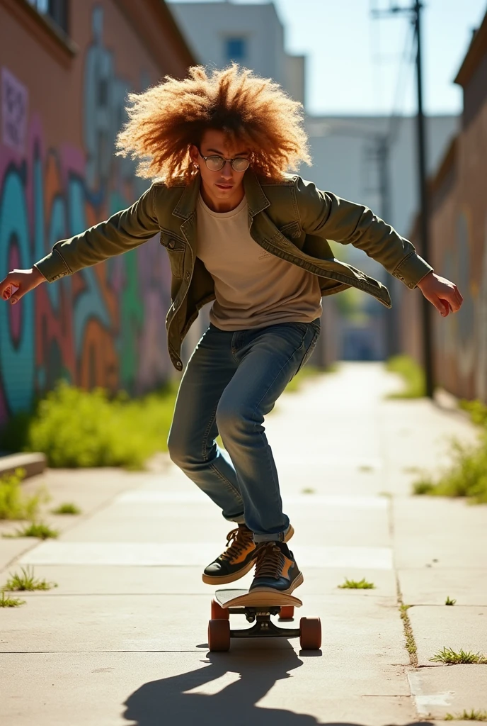 Create a white man with glasses and 23 years old, curly hair and short on the sides, skateboarding 