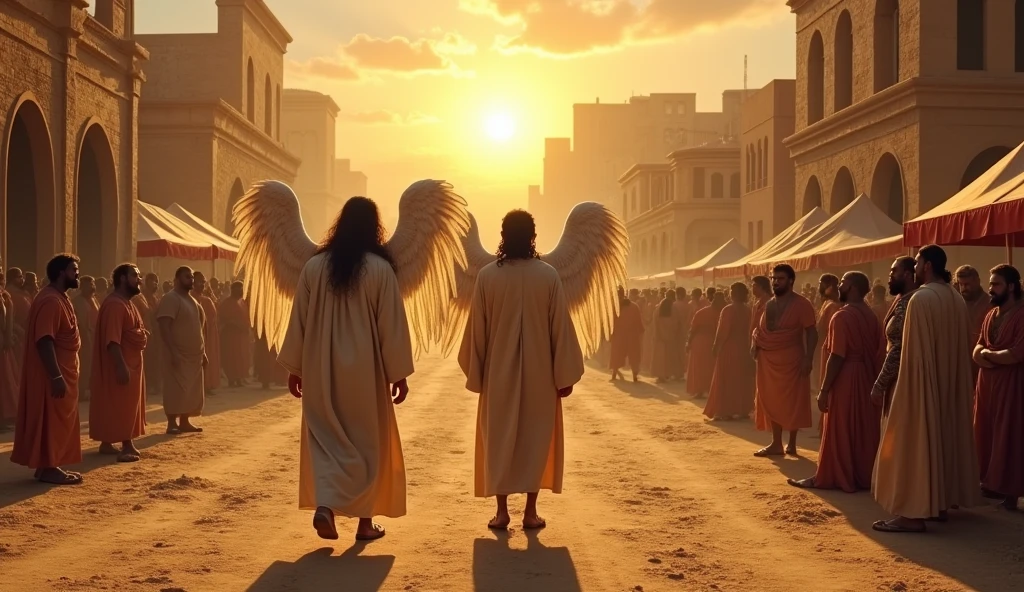 "A vibrant scene of the ancient city of Sodom, captured in rich detail. two mens, who are in fact angels in disguise, they approach the city gates. They are clothed in simple tunics, typical of the time, with leather sandals. One of them has long, flowing hair, while the other has a more robust and imposing appearance. The city in the background is a representation of depravity, With dusty streets, tents and shops selling various goods. The faces of the inhabitants reflect an atmosphere of excess and debauchery, they are looking at the angels, with scenes of wild parties and immoral behaviors visible nearby. The dawn sky creates a striking contrast, adding an atmosphere of tension and foreboding. The image should evoke a sense of duality, between the innocence of the angels and the corruption of the city."