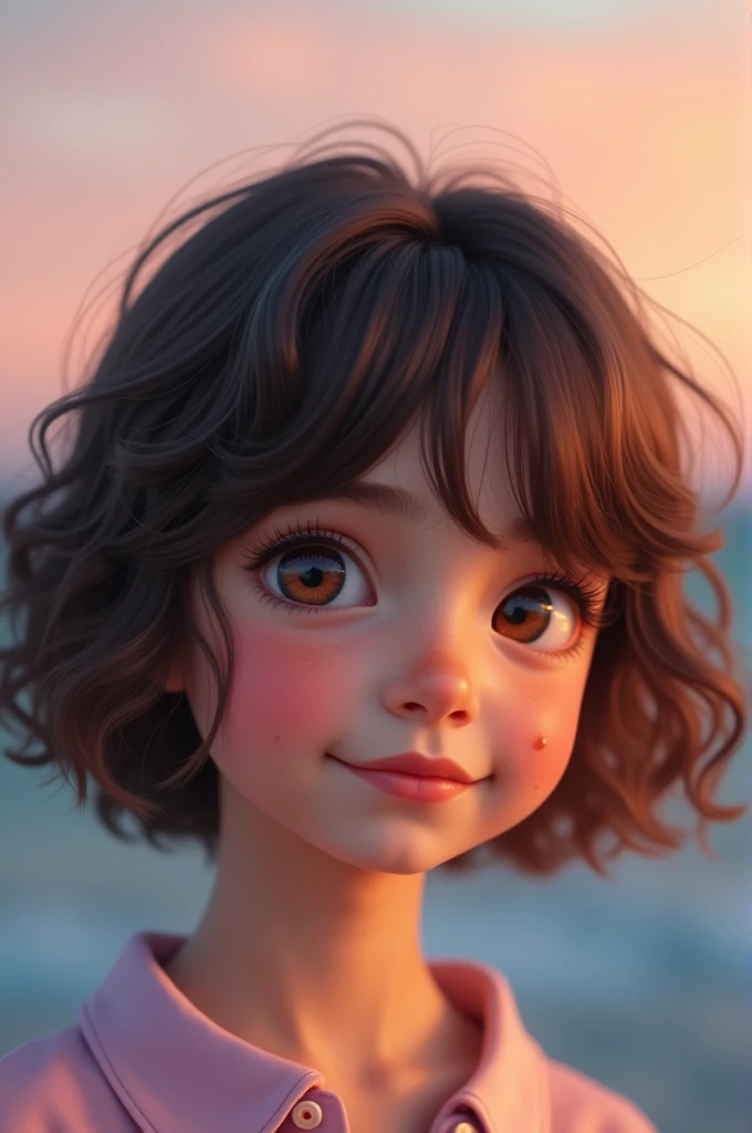 Here's a portrait of a 15-year-old ager with short, shoulder-length hair, Wavy and with bangs that reach above the eyebrows, and at the tip of the hair have blonde, Almond-shaped brown eyes and a mole on the right cheek