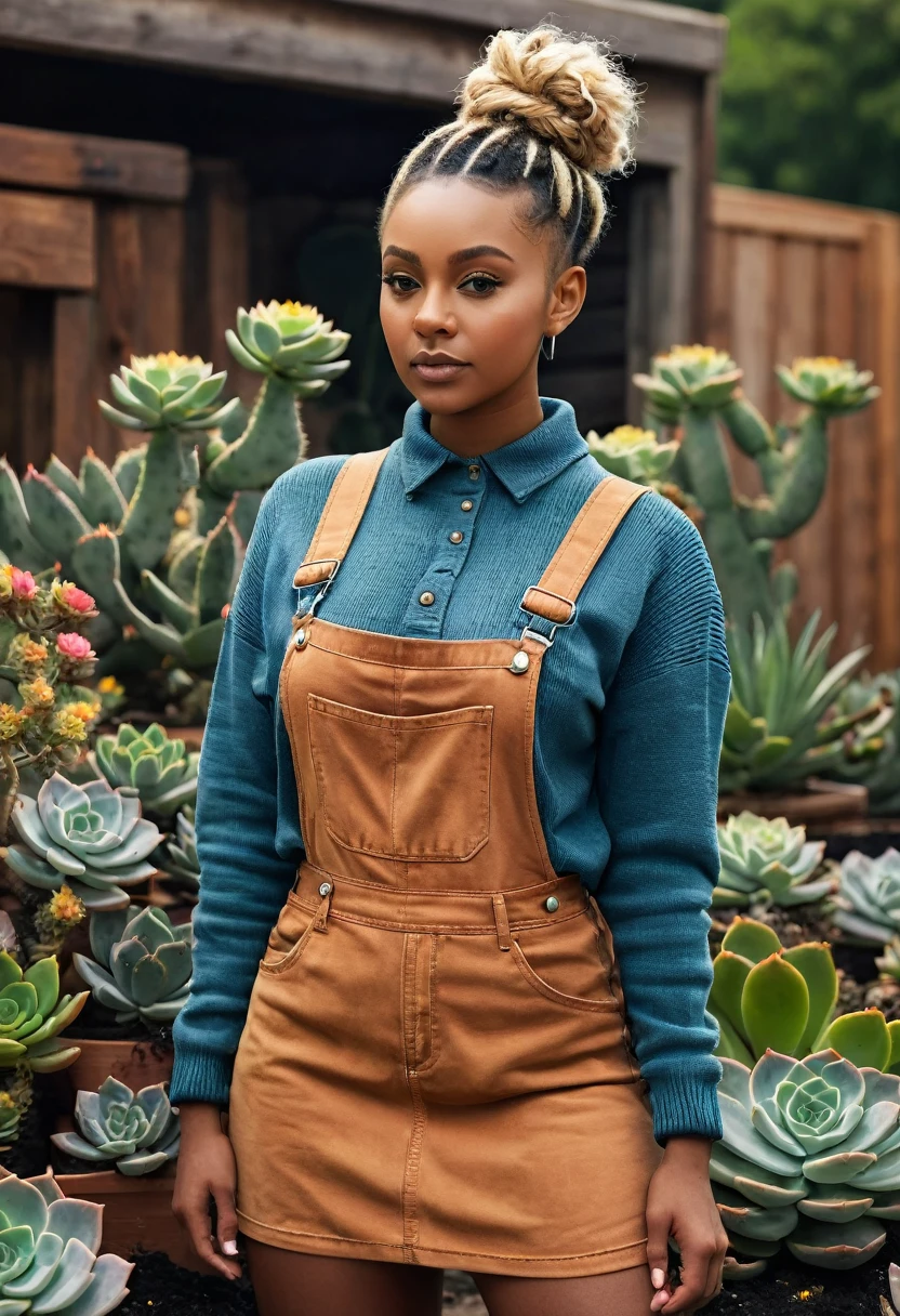 High resolution, 4k image quality, high detail, masterpiece, realistic skin, anatomically correct, sharp, ((flowering succulents, plants and flowers background)), ((dark skinned, mixed culture woman 28yo)), alone, ((face details)), wearing overalls, gardening gloves, good shape medium breasts, blonde-amber hair in messy top bun, Curvy body type (((stand upright, facing the center of the screen.))), blush cheeks, Close your mouth and look straight ahead, sweater, skirt, ((cowboy shot)),