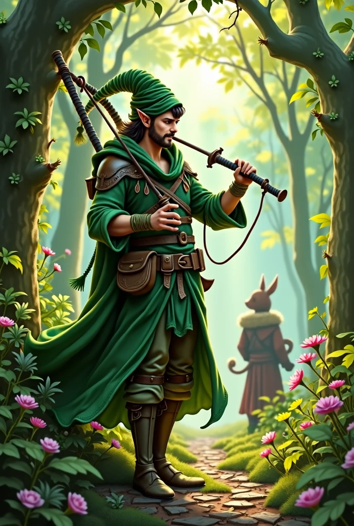 A fantasy character, rogue half elf, short, around 5 feet height, 110 pounds, playing a big green bagpipe instrument and has 2 short swords that are sheathed, male.