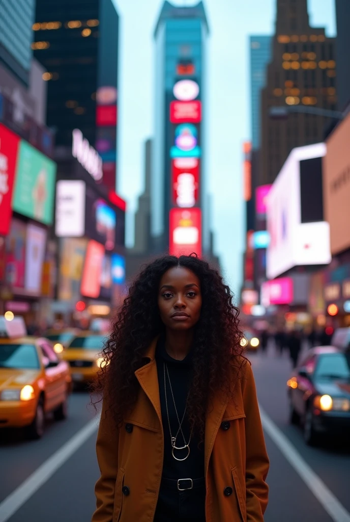 A woman facing forward in the middle of Times Square with long curly hair, with African traits
