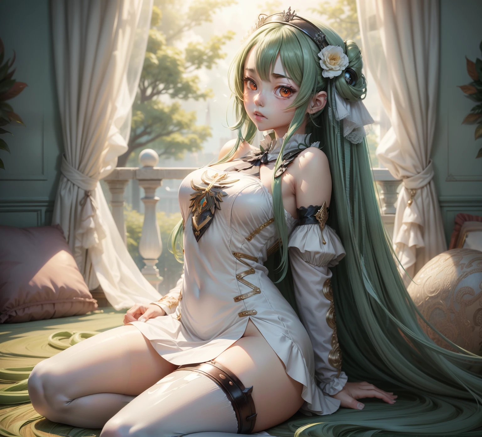 anime girl with long hair and a white dress sitting on a green and white striped background, fine details. anime. tentacles, anime goddess, red eyes, from girls frontline, cushart krenz key art feminine, android heroine, fine details. girls frontline, tentacles robotic arms, anime monster girl, hq artwork, lamia, lolish, girls frontline cg, official anime artwork, nsfw, panties