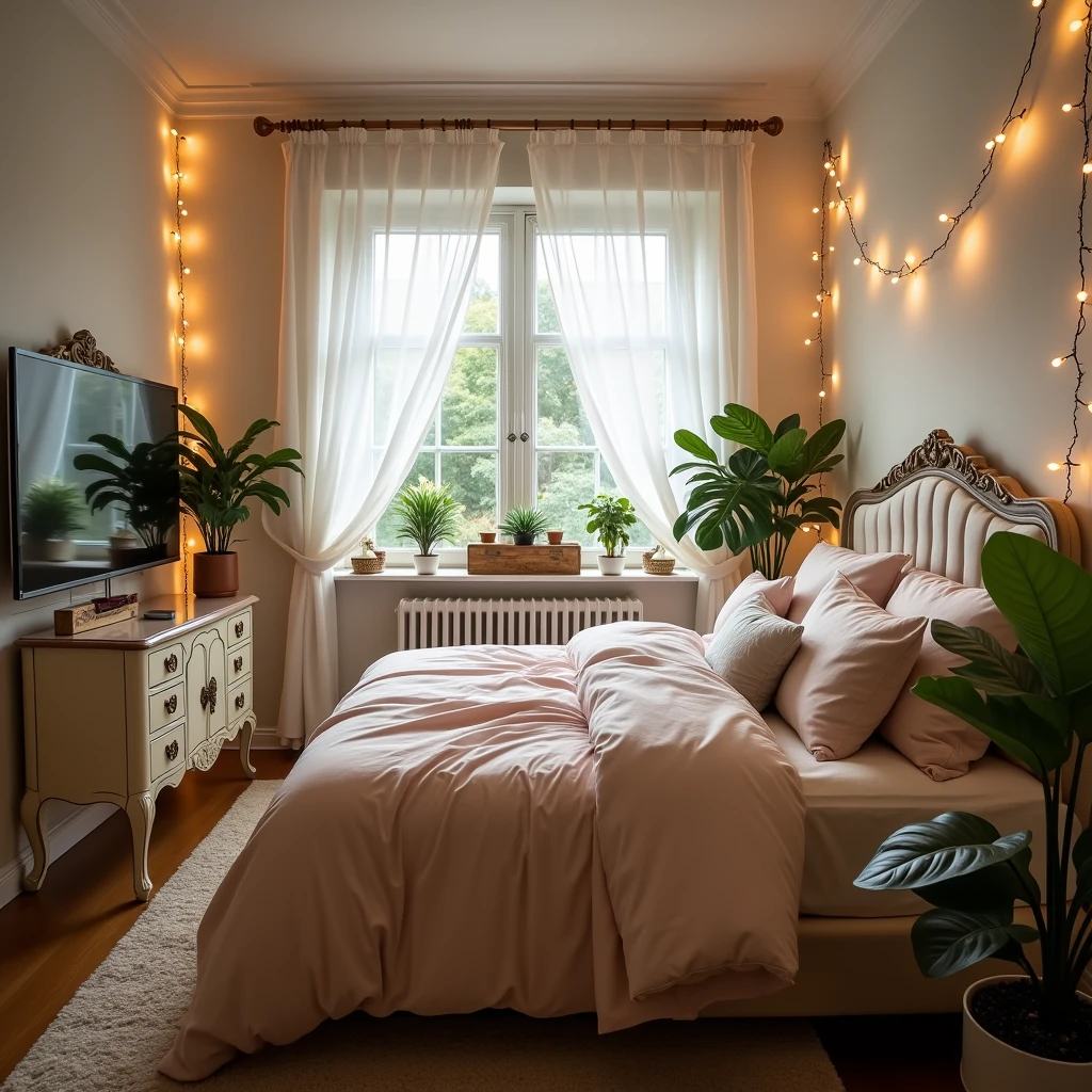 Aesthetic cozy bedroom with a vanity on the side and a flat screen tv in front of the bed and also a window