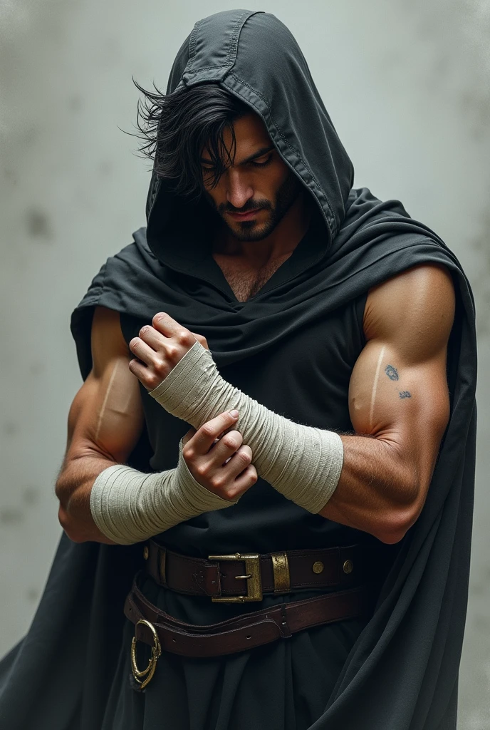 Create an image of a male character in a similar pose as the provided image. The character should have medium-length, dark hair, and is wearing a hooded cloak over a sleeveless black shirt. His arms are wrapped in bandages, showing off toned muscles and a few scars. He is focused and serious, adjusting the bandages on his hand. The background is a soft gray, emphasizing the character's intense expression and detailed attire