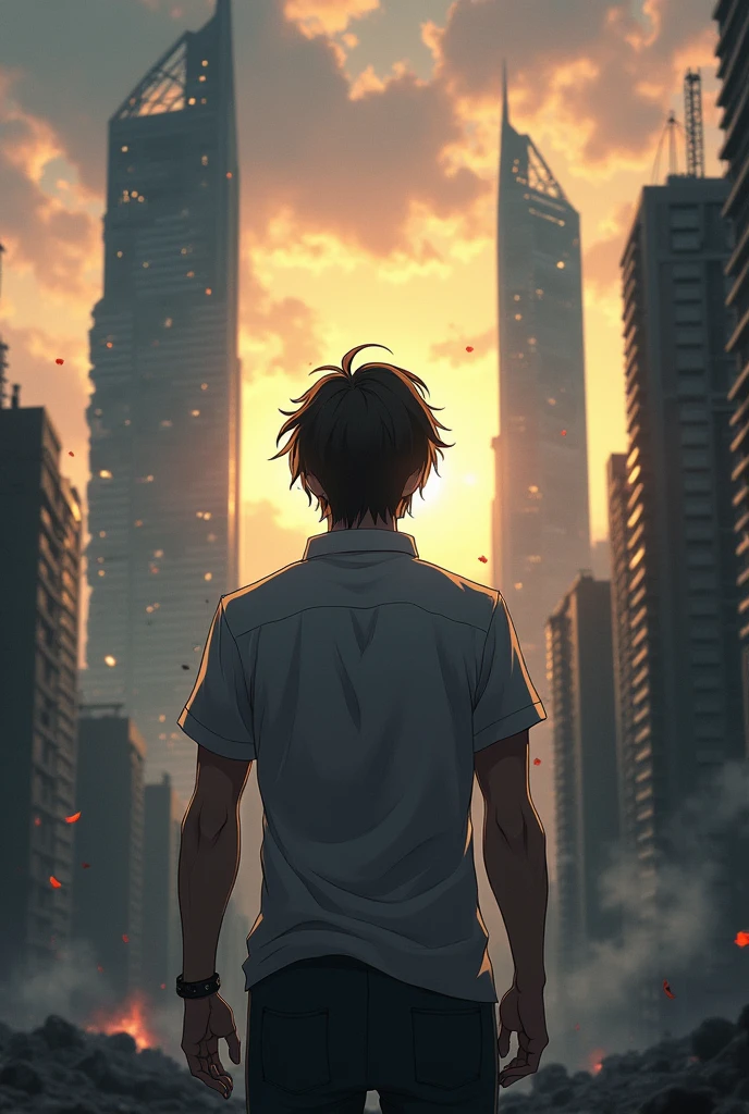 The back of a mature male anime character stands below, looking up at the ruined and desolate city., The towering skyscrapers crumble in the aftermath of the monster pandemic