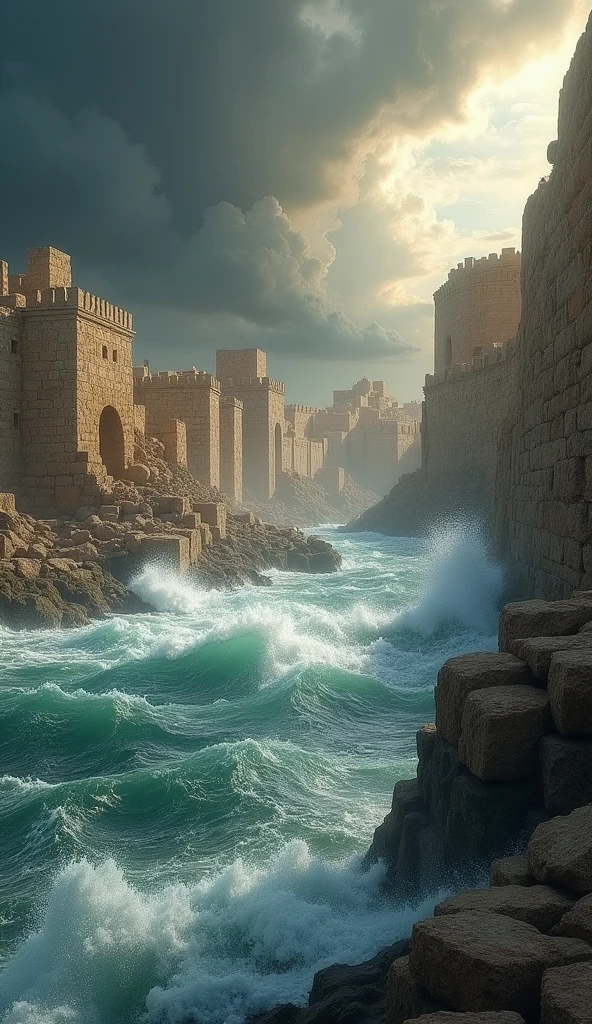 Ultra-realistic image in 8k "Visualize Tyre at the height of its destruction, with the army of Alexander, The large, advancing on the city. The walls are being demolished, and enormous blocks of stone are being thrown into the sea to build a bridge. The surrounding waters are choppy, reflecting the chaos of battle. in the sky, dark clouds cover the sun, creating an atmosphere of judgment and destiny."