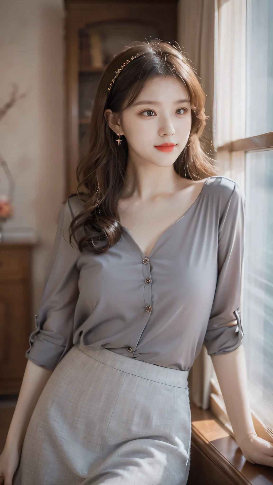 detailed background, masterpiece, best quality, 1 person , curly hair, long hair, purple eyes, star in eye , grey strap less blouse, long skirt, grey blouse , indoor , hair accessories, jewelry, red lips