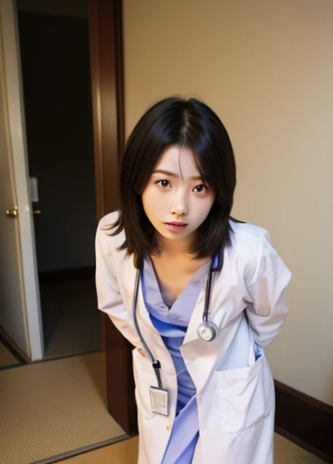 A very beautiful, slender Japanese woman wearing medical scrubs and bending over (exposed)