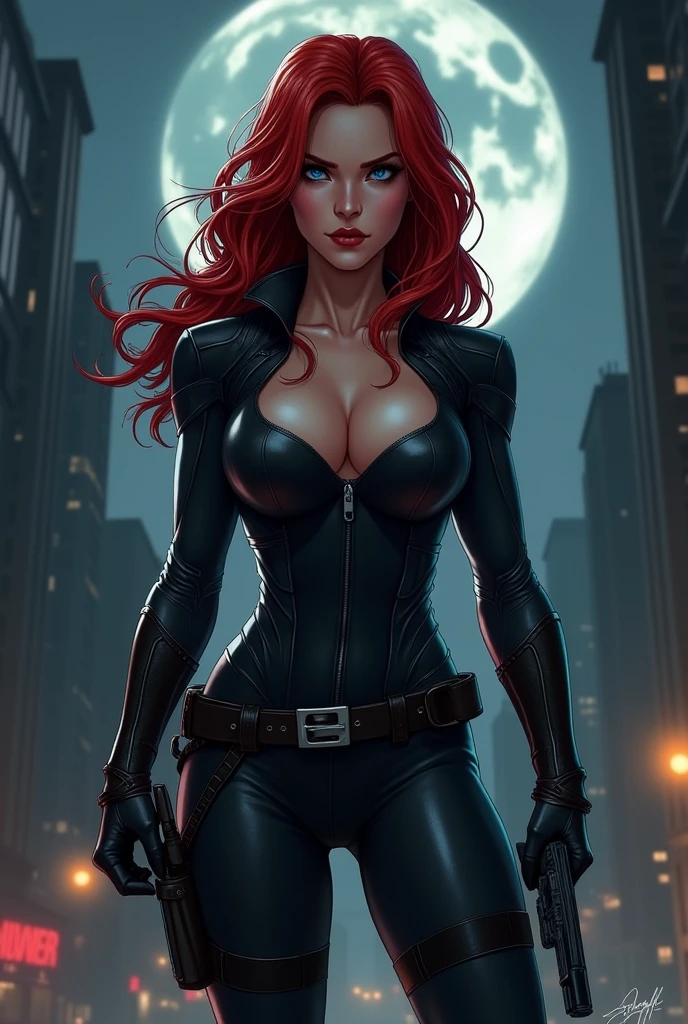 The image features a girl with long, bright red hair, dressed in a sleek skin-tight shiny black latex bodysuit with a deep-cut zipper neckline revealing a large chest, the silver zipper running down the front. The suit is complemented by her iron wrist guard on both wrists and a belt made of silver circles around her waist. She holds a gun in each hand in a ready position, while her other hand is touching her hair. Placed against a dark city backdrop, the scene includes buildings and might contain elements resembling a clock tower, suggesting an urban setting. This composition is emblematic of a superhero genre, highlighting central and ancillary characters, with an overtone of action and vigilance.