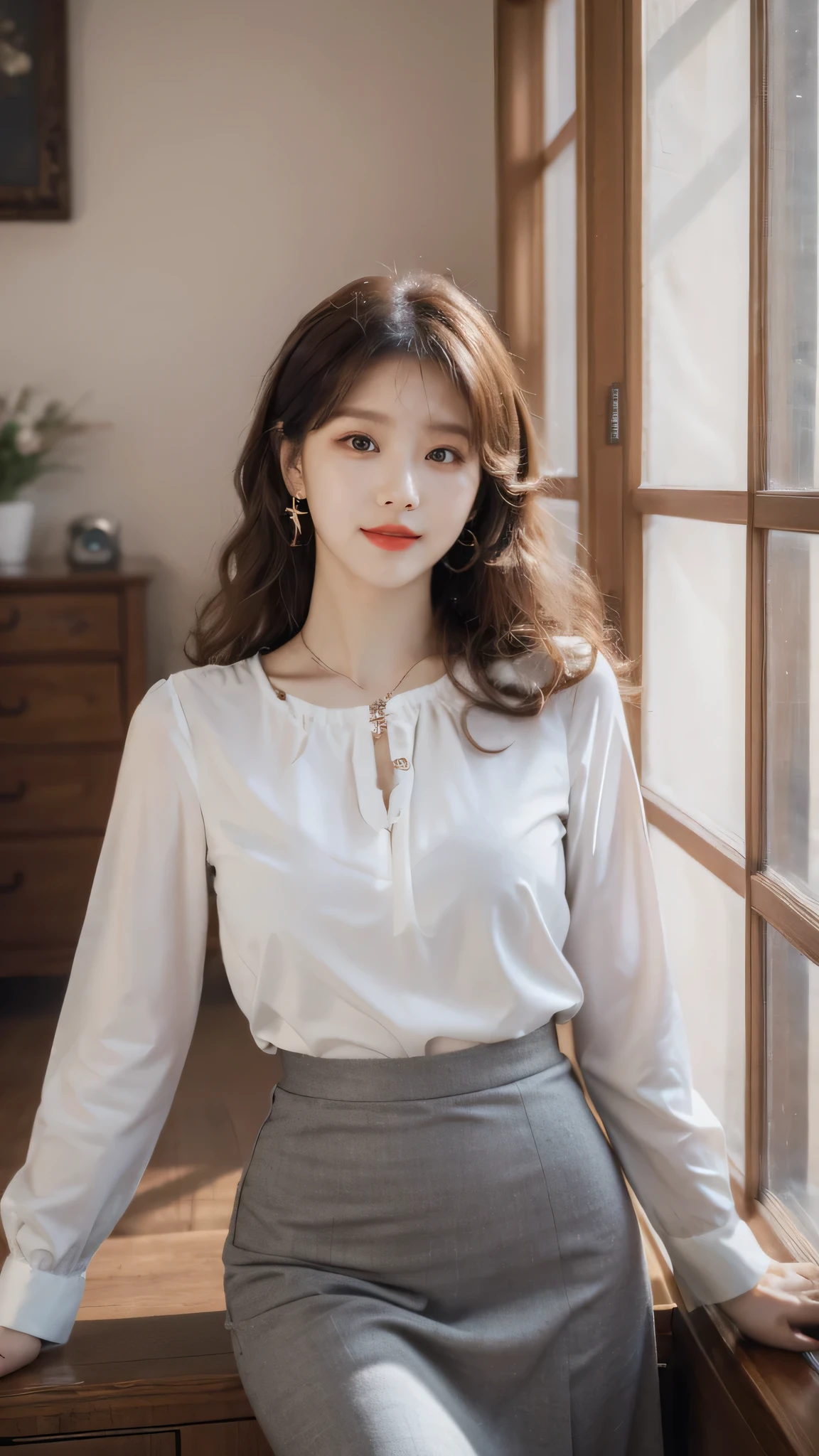detailed background, masterpiece, best quality, 1 person , curly hair, long hair, purple eyes, star in eye , grey strap less blouse, long skirt, grey blouse , indoor , hair accessories, jewelry, red lips