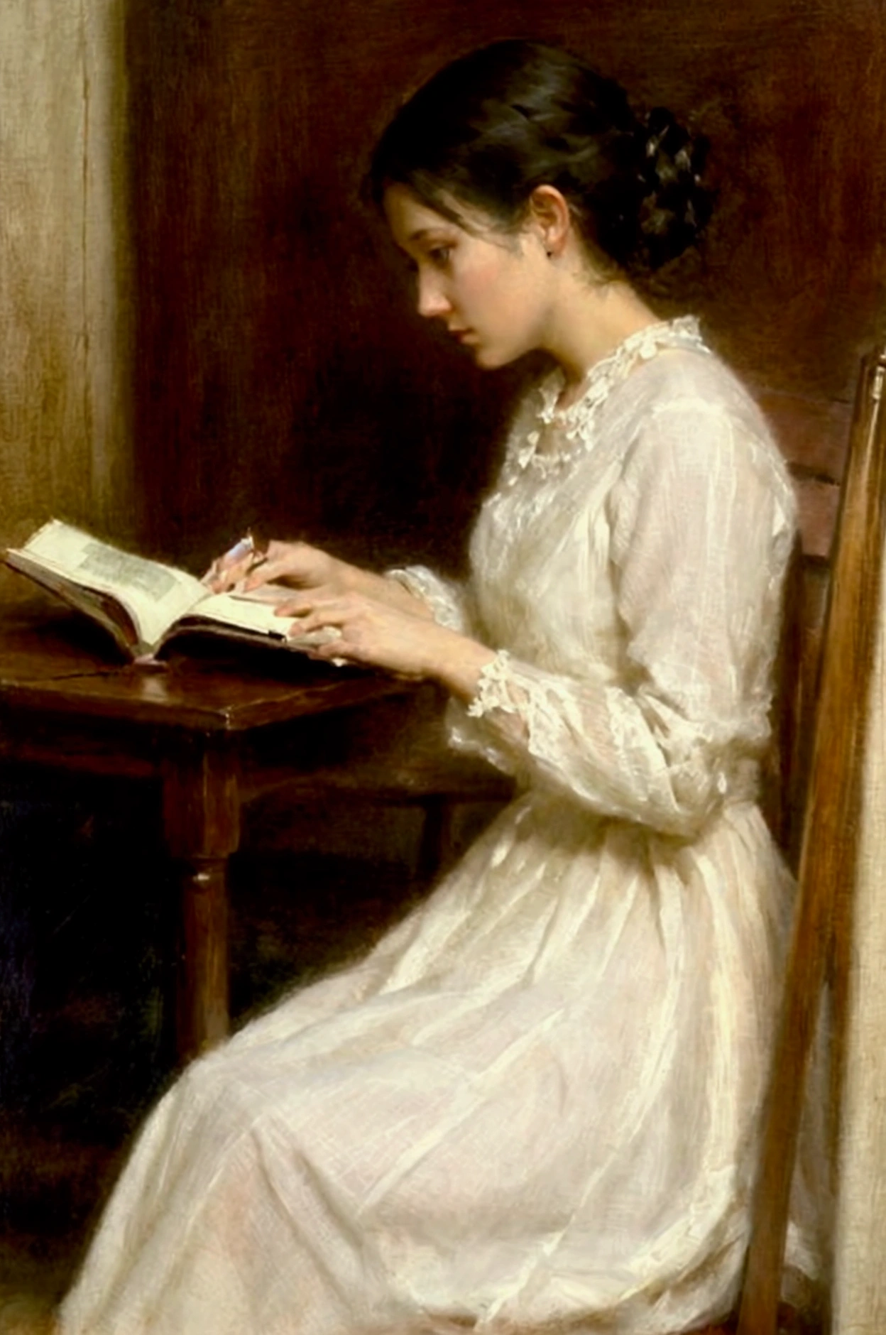 A highly detailed, realistic oil painting of an elegant woman seated in a wooden chair, deeply engrossed in reading a book that rests on her lap. The woman is wearing a flowing, off-white dress with delicate lace details on the sleeves. Her hair is styled in a simple, neat up-do, and she leans slightly forward, resting her head on one hand as she reads. The lighting in the scene is soft and muted, creating a tranquil and intimate atmosphere with a focus on the woman. The background is kept dark and minimal, allowing the viewer's attention to remain entirely on the woman and her serene moment of reading. The painting has a clic and timeless quality, reminiscent of traditional portraiture with a focus on subtle light and shadow to enhance the depth and emotion of the scene