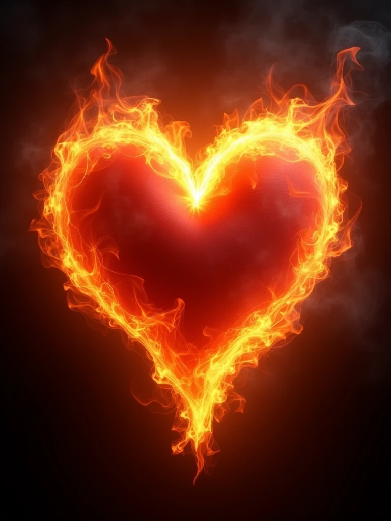 Epic valentine heart made of flames on dark background, aesthetics, perfect ultrarealistic fire texture
