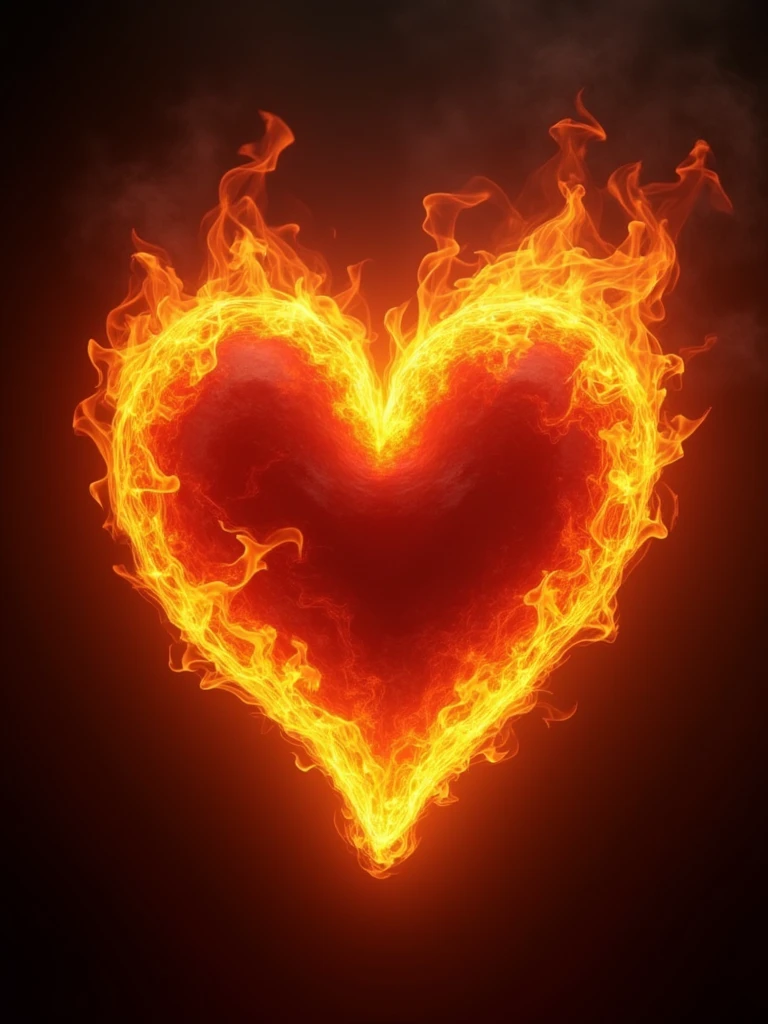 Epic valentine heart made of flames on dark background, aesthetics, perfect ultrarealistic fire texture