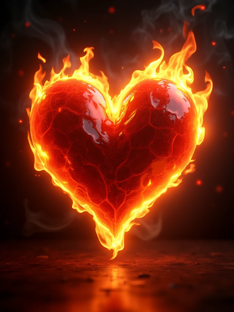 Epic valentine heart made of flames on dark background, aesthetics, perfect ultrarealistic fire texture