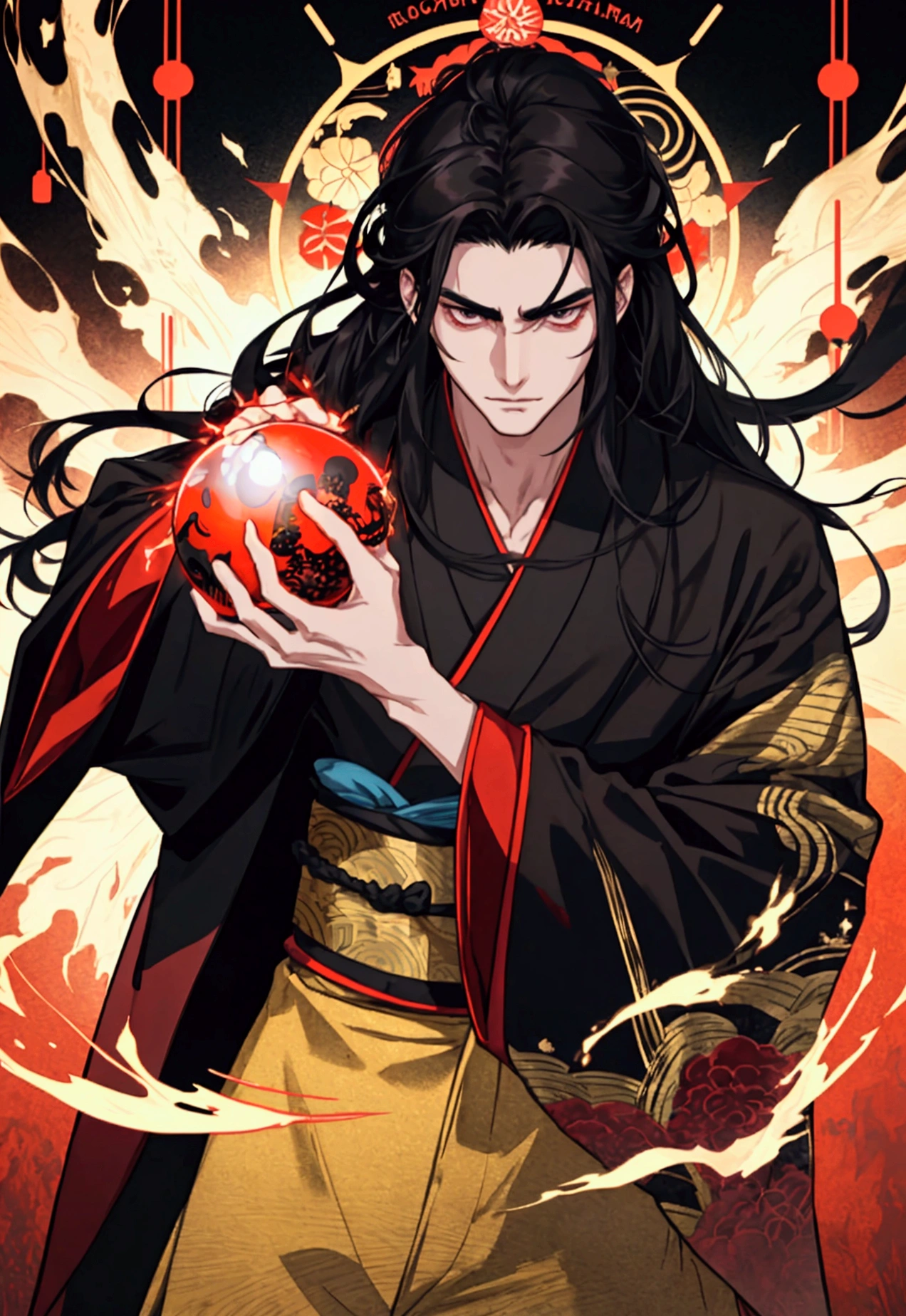 black haired, cold looking man, black eyes, long hair, majestic features, wearing a kimono, holding a glowing red ball of energy in his hand, novel cover.