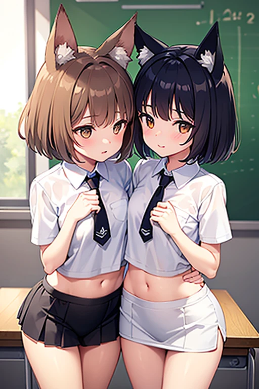 Two Girls　cute　Background　INSIDE Classroom　Two people kissing　(Two Girls　Wolf ears　Brown short hair　White shorthair)　Petite　Normal chest　Thin thighs　first round　uniform　Backwards