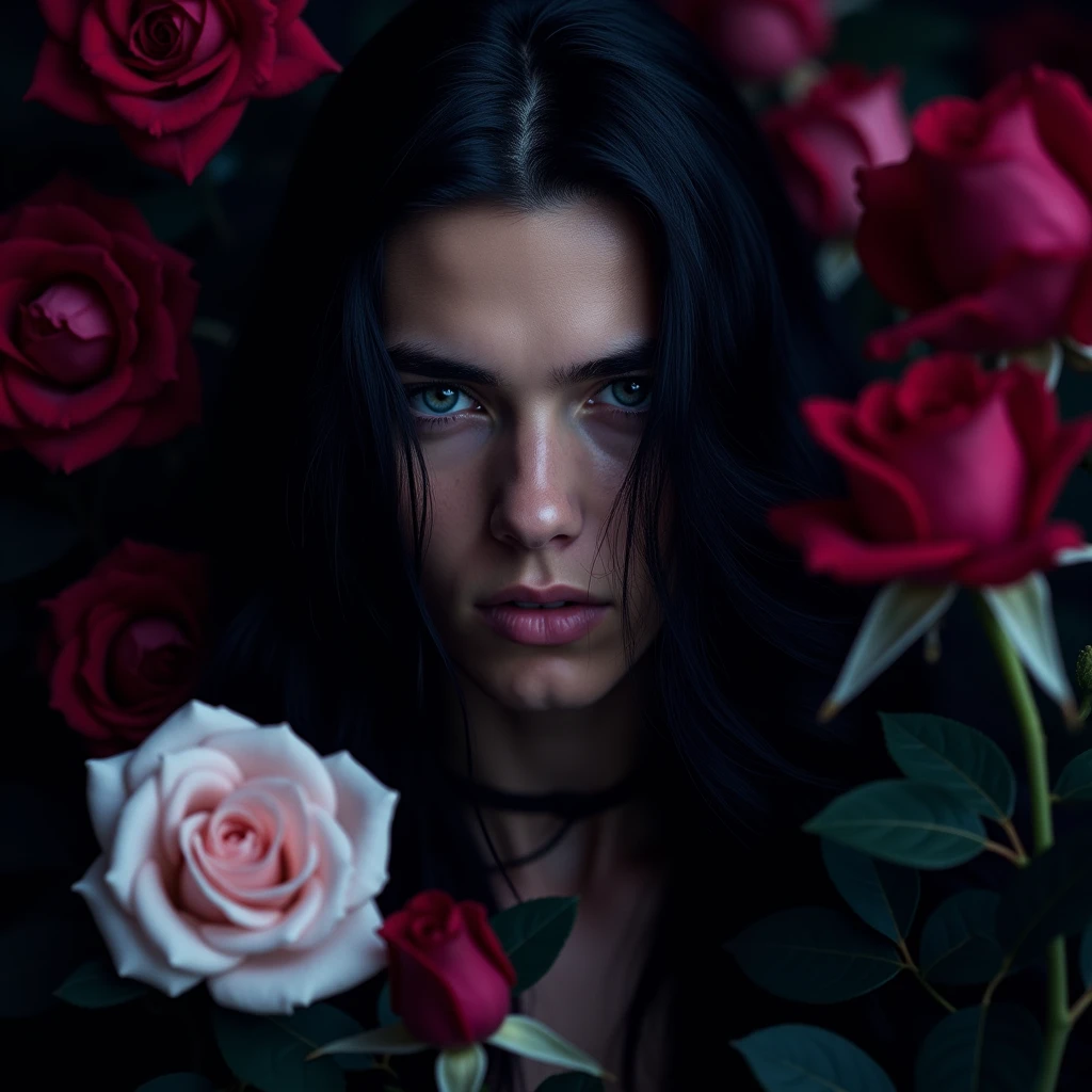 Male, sexy, long black hair, teal blue eyes, young, gothic, delicate features, no facial hair, no body hair, seductive, white and pale. Roses. Sexy pose. Purple and black.