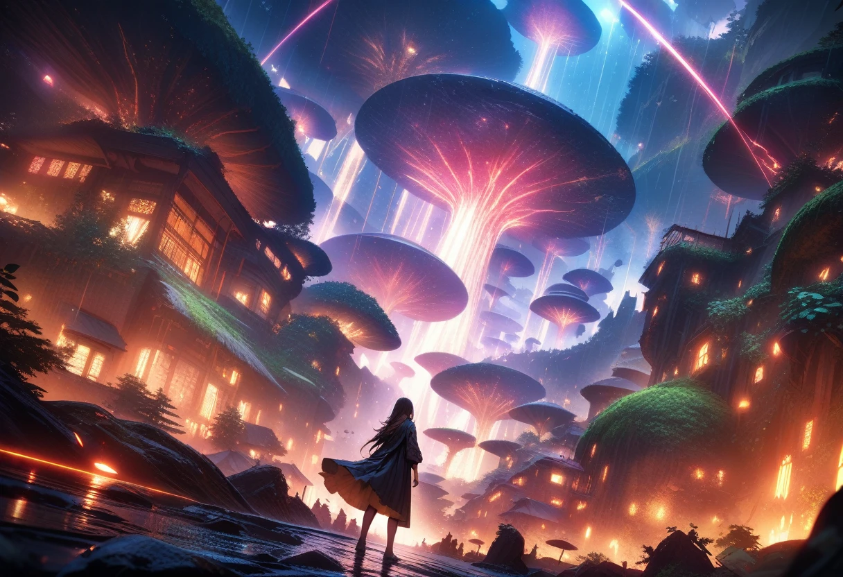 Masterpiece, Best Quality, Super Detailed, High Definition, HDR, Realistic, Depth, Fine Texture, Super Fine, Complete concentration, (Low Angle Shot), exciting scene, dramatic lighting, vibrant colors, ultra-detailed, intricate details, volumetric lighting, lens flare, dynamic composition, action-packed moment, epic scale, breathtaking view, immersive atmosphere, cinematic light, stunning perspective, (giant ancient tree towering over a small village), majestic and awe-inspiring, meteor shower above, foliage and roots extending outward, villagers in awe, light beams through the leaves, atmospheric depth, highly detailed textures, surreal and magical environment.