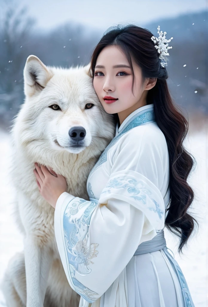 Korean woman, beautiful, pure white ancient Chinese dress ￼ hugging a very big white wolf beside her in the snowy field, It&#39;s snowing., The orange evening sun&#39;s shadow shines in the background.