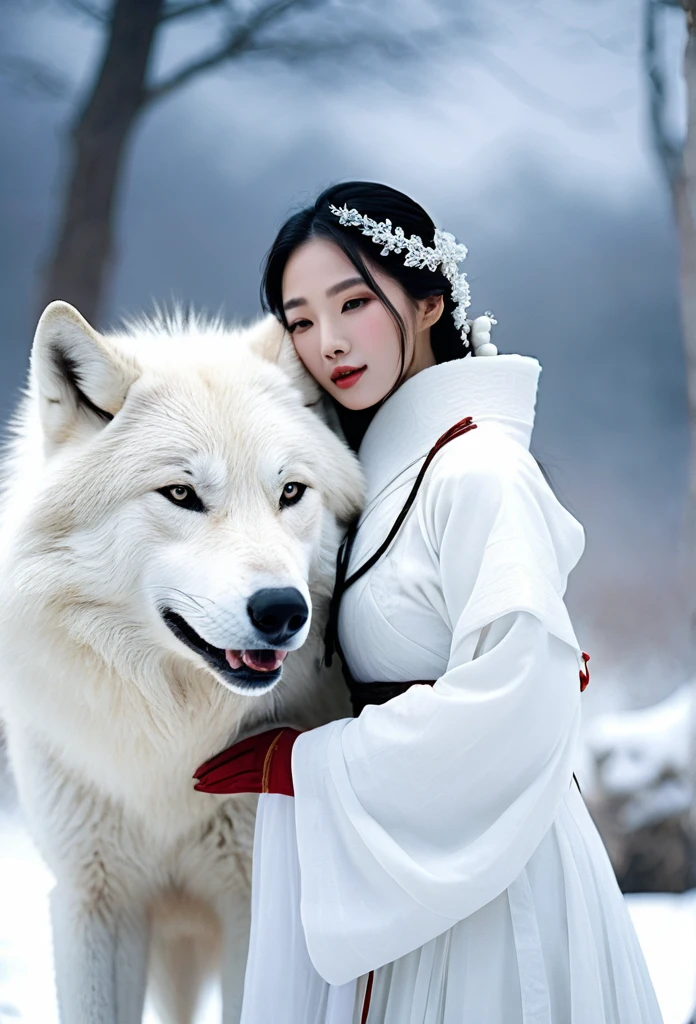 Korean woman, beautiful, pure white ancient Chinese dress ￼ hugging a very big white wolf beside her in the snowy field, It&#39;s snowing., The orange evening sun&#39;s shadow shines in the background.