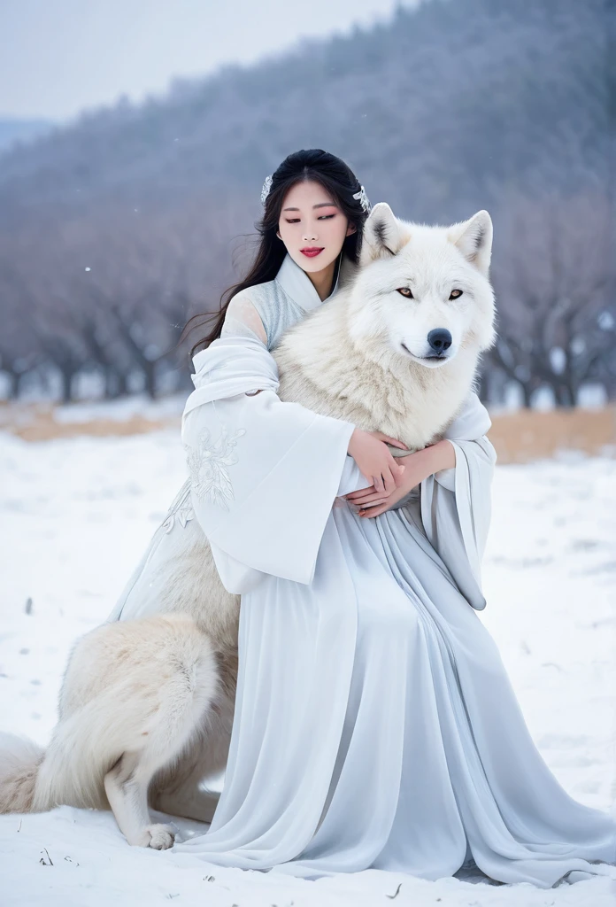 Korean woman, beautiful, pure white ancient Chinese dress  hugging a very big white wolf beside her in the snowy field, It's snowing., The orange evening sun's shadow shines in the background.