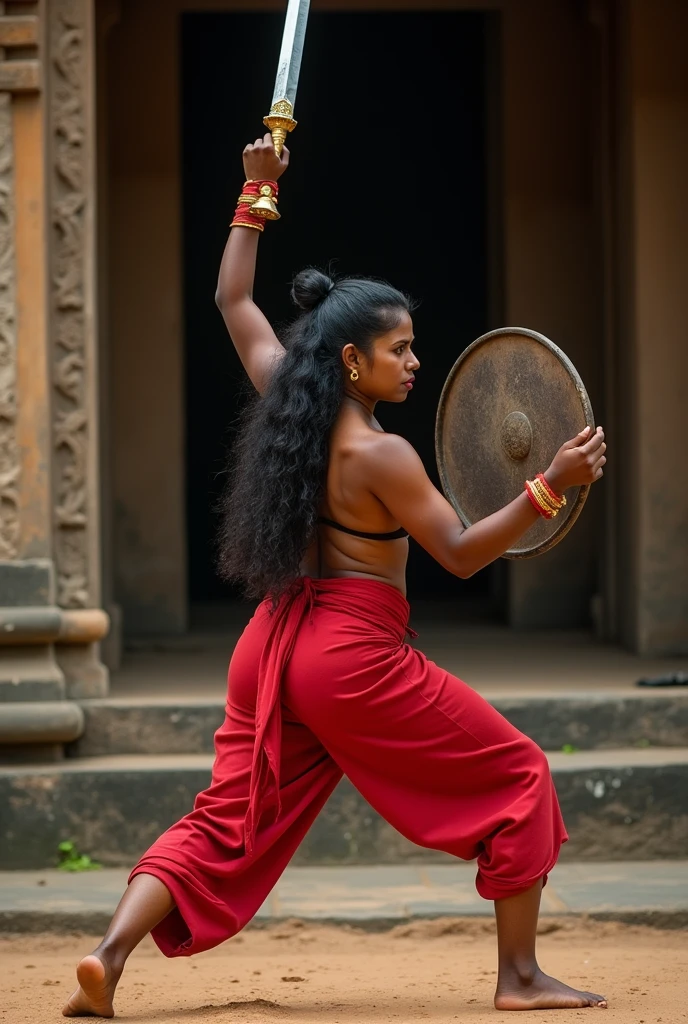 Kalaripayattu woman with sword on one hand above head and shield in the other hand, raising from the ground with warrior pose and one leg stretched and has very fierce eyes, fit body and long thick hair, facing the audience in temple background , wearing red garment