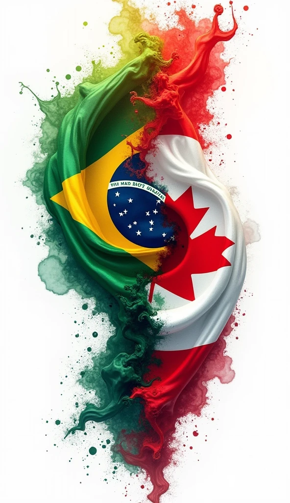 an image to print on a t-shirt, combining the flags of Brazil and Canada, an allusion to the union of the two countries, vertical position, ultra realisitic, swirly vibrant colors, add brush details, small imperfections should be added