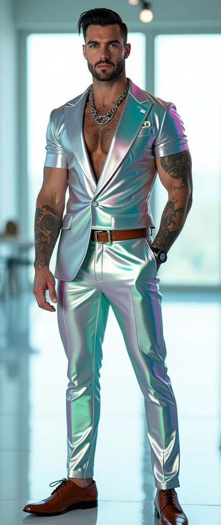 Fullbody standing picture of white skin Handsome muscular horny sexy groom wearing tight skinny shiny iridescent vinyl suit with tie, shiny black Disconnected Pompadour oiled hair style, blue eyes, shiny varnished vinyl brown shoes, brown belt, red lip, chain, tattoos, horny, cum shot, sperm, milking penis, very big penis, very big testicle, shiny oiled skin, orgasm, oversexed, masturbation, standing at white lighting show room.