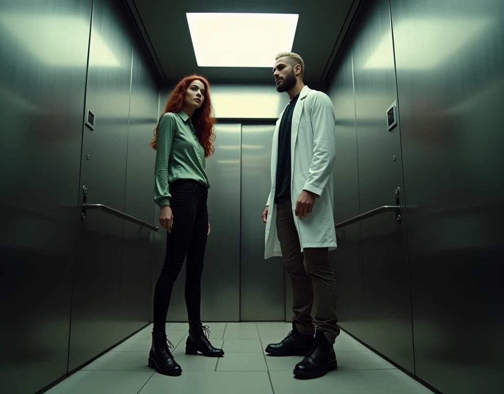 Caucasian woman, wary expression, vibrant maroon side-parted long wavy hair, soft green silk blouse, low-rise black pants, black boots, standing in elevator, towering over her height is an imposing 216 cm tall Arab man with short platinum blond wavy swept-back crew cut, long black stubble, white lab coat, black t-shirt, black cargo pants, black boots, cinematic lighting.