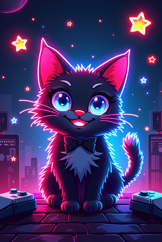 Video game store logo, pixel cat, neon, pixelart