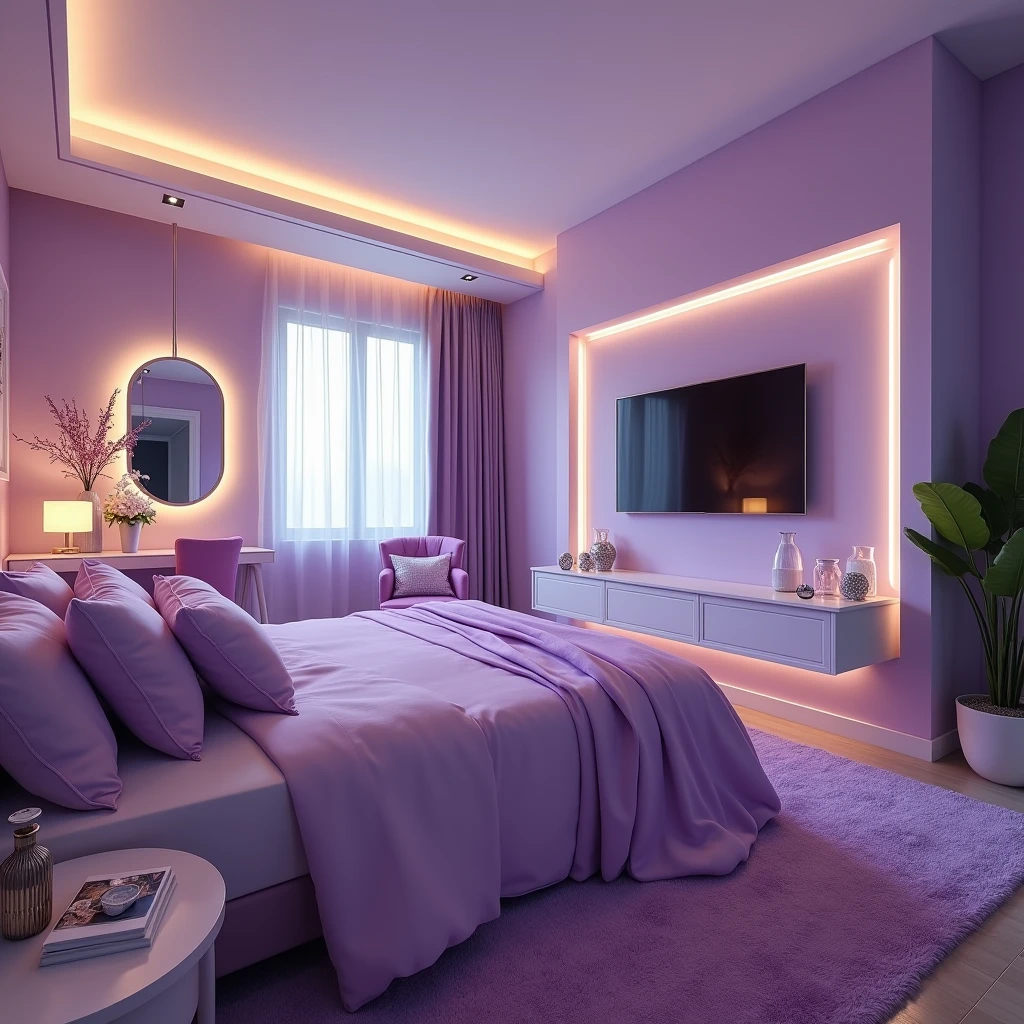 Aesthetic purple bedroom with a vanity on the side and a flat screen tv in front of the bed and also a window and led light