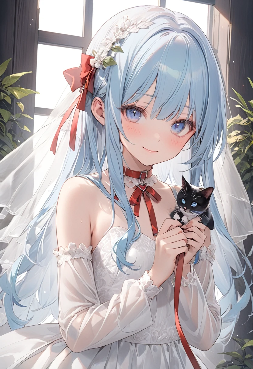 masterpiece, best quality, extremely detailed, (illustration, official art), 1 girl ,(((( light blue long hair)))), ,(((( light blue long hair)))),light blue hair, , long hair ((blush)) , cute face, masterpiece, best quality,(((((a very delicate and beautiful girl))))),Amazing,beautiful detailed eyes,blunt bangs((((little delicate girl)))),tareme(true beautiful:1.2), sense of depth,dynamic angle,,,, affectionate smile, (true beautiful:1.2),,(tiny 1girl model:1.2),)(flat chest) ,score_9,score_8_up,score_7_up,score_6_up,
masterpiece,best quality, source anime,,((shy))
rating_explicit,uncensored, zPDXL2,sexually suggestive,
BREAK
1boy, 1girl, animal collar,bangs, , closed mouth, collar, collar on her palms, wedding dress, backless dress, backless outfit, detached sleeves, frills, hands up, heart, holding, leash, long sleeves, looking at viewer, plant, red bow, smile, solo, upper body,window,church,heart,