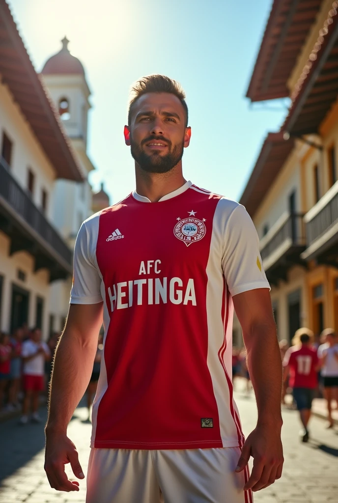 Recreate the former Dutch football player John Alan Gijsbert Heitinga with the city of Itu in the background wearing the AFC Ajax jersey.