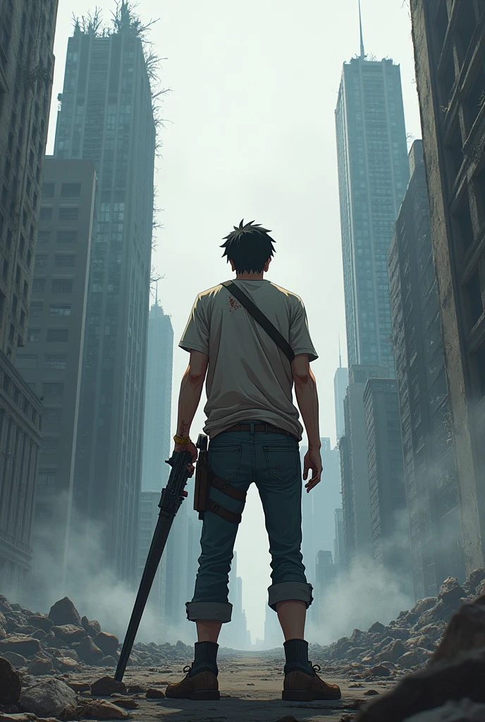 Back of Adult Anime Male Character Dirty Clothes, Stained with blood, A man holding a weapon is standing below looking up at the ruined city., The towering skyscrapers crumble in the aftermath of the monster pandemic