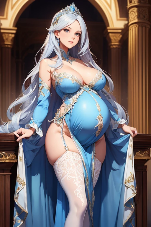 8k, masterpiece, very realistic, Full body (Sexy pregnant queen 1.2), very slim waist, slim thighs, elaborate detailed light blue detailed embroidered formal dress, long straight flowing wavy orange hair, elaborate detailed patterned white stockings, medium breasts, pregnant, (curved back 1.2), silver tiara with light blue gems, from the back, 