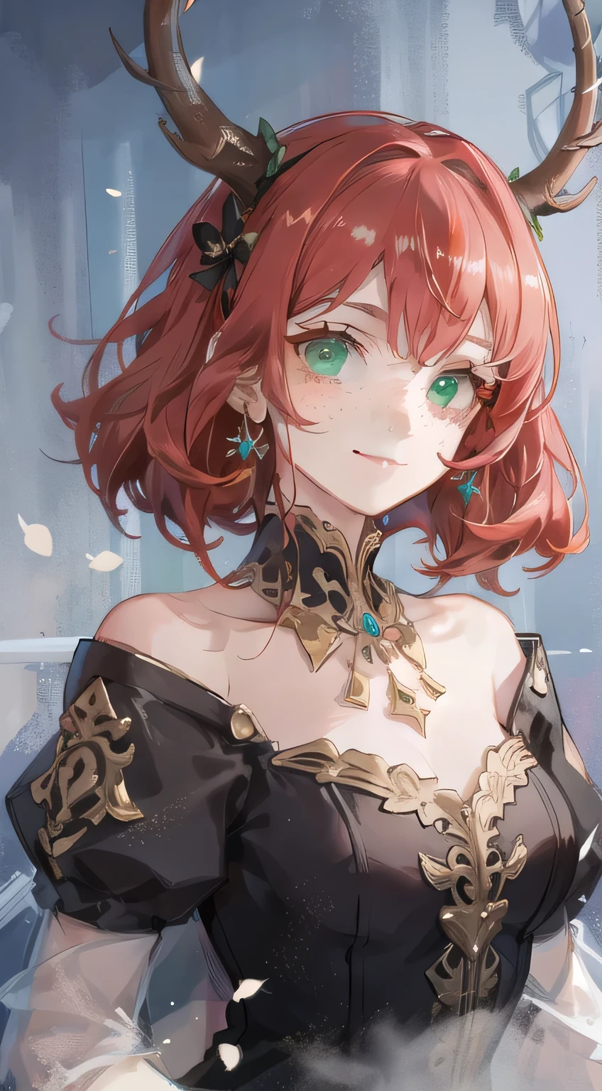 young girl, short red hair, curly hair, green eyes, freckles, Antler, old Russian dress, smile, masterpiece, high quality