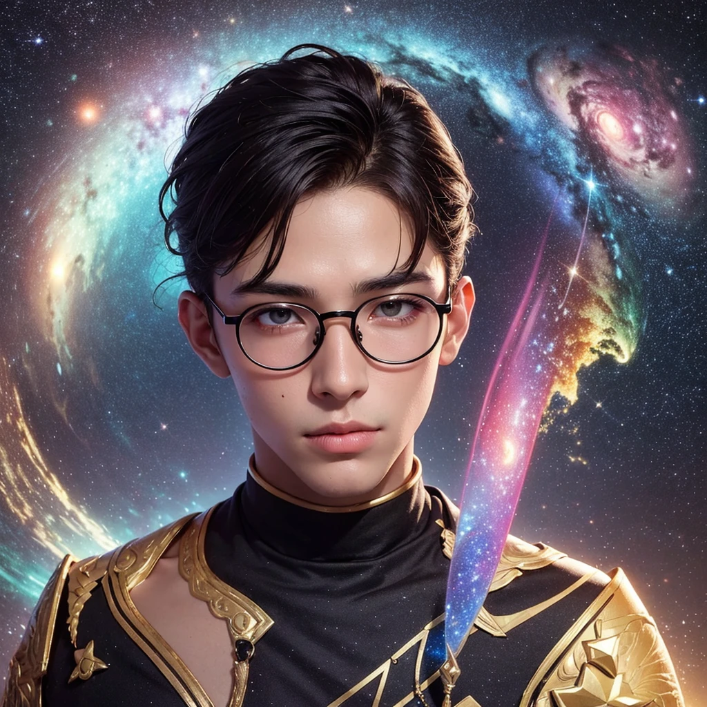 "Envision an expansive astral plane, glowing with soft luminescence in shades of starry yellows and reds, stretching endlessly upward. Central to this celestial scape is a mysterious young Brazilian man, standing in harmony with the cosmos, gazing directly at you. He is 18 years old, with fair skin, dark brown eyes, and black hair combed to the left side, slightly spiky. He wears a white t-shirt and slightly rectangular glasses that reveal the vibrant, colorful universe behind him. A small mole is visible on his cheek, adding a touch of realism to his mystical presence. The lower half of the scene transitions into a dark, vaporous essence that drifts behind him like a comet's tail, merging with the astral hues. The portrait captures the magnificent presence of this young man from Santa Catarina, embodying both the surreal and the mystical in complete harmony with the universe. The background is filled with cosmic swirls in vibrant colors, creating a magical, hyperrealistic, and extremely detailed scene, with beautiful galaxy lighting up the sky and amazing cosmic swirls."