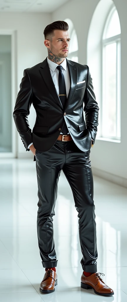 Fullbody standing picture of white skin Handsome muscular horny sexy groom wearing tight skinny shiny vinyl suit with tie, shiny black Disconnected Pompadour oiled hair style, blue eyes, shiny varnished vinyl brown shoes, brown belt, red lip, chain, tattoos, horny, cum shot, sperm, milking penis, very big penis, very big testicle, shiny oiled skin, orgasm, oversexed, masturbation, standing at white lighting show room.