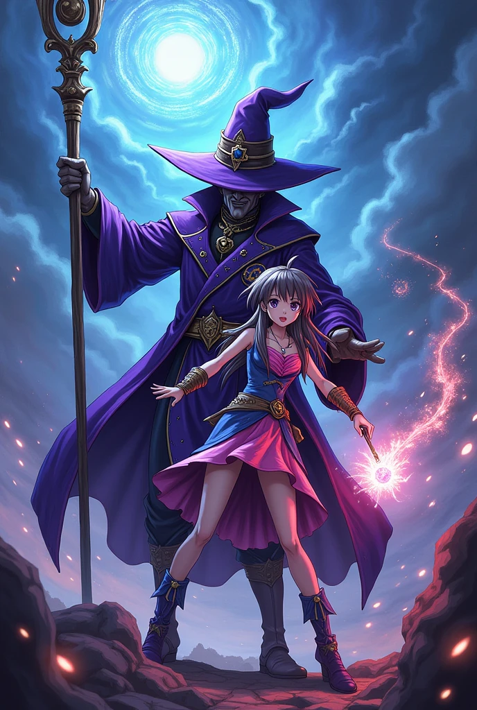 Give me an image of Dark Magician and Dark Magician Girl from Yu-Gi-Oh attacking.