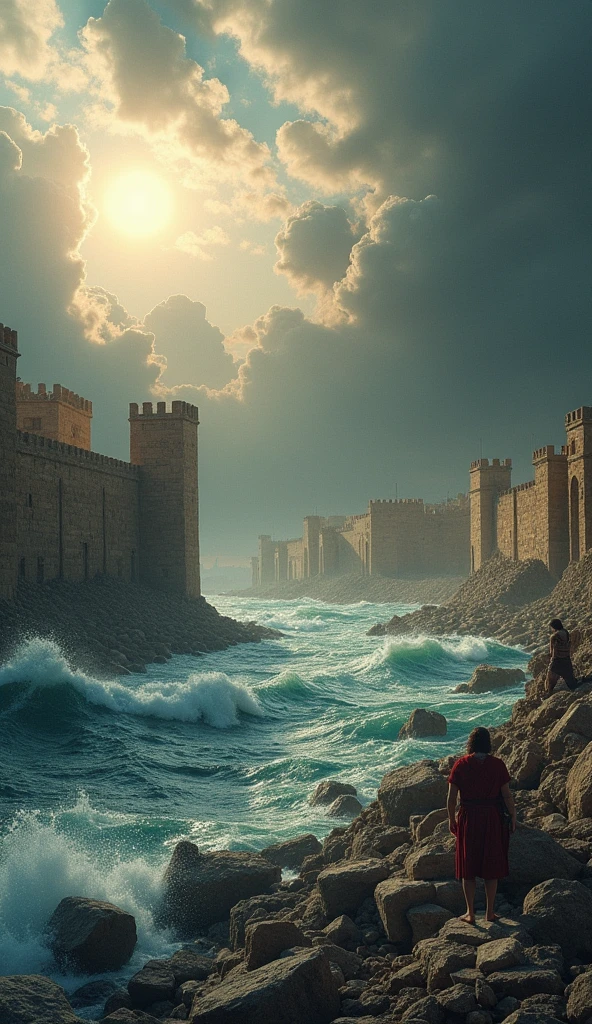 Ultra-realistic image in 8k "Visualize Tyre at the height of its destruction, showing Alexander's army, The large, advancing on the city. The walls are being demolished, and enormous blocks of stone are being thrown into the sea to build a bridge. The surrounding waters are choppy, reflecting the chaos of battle. in the sky, dark clouds cover the sun, creating an atmosphere of judgment and destiny."